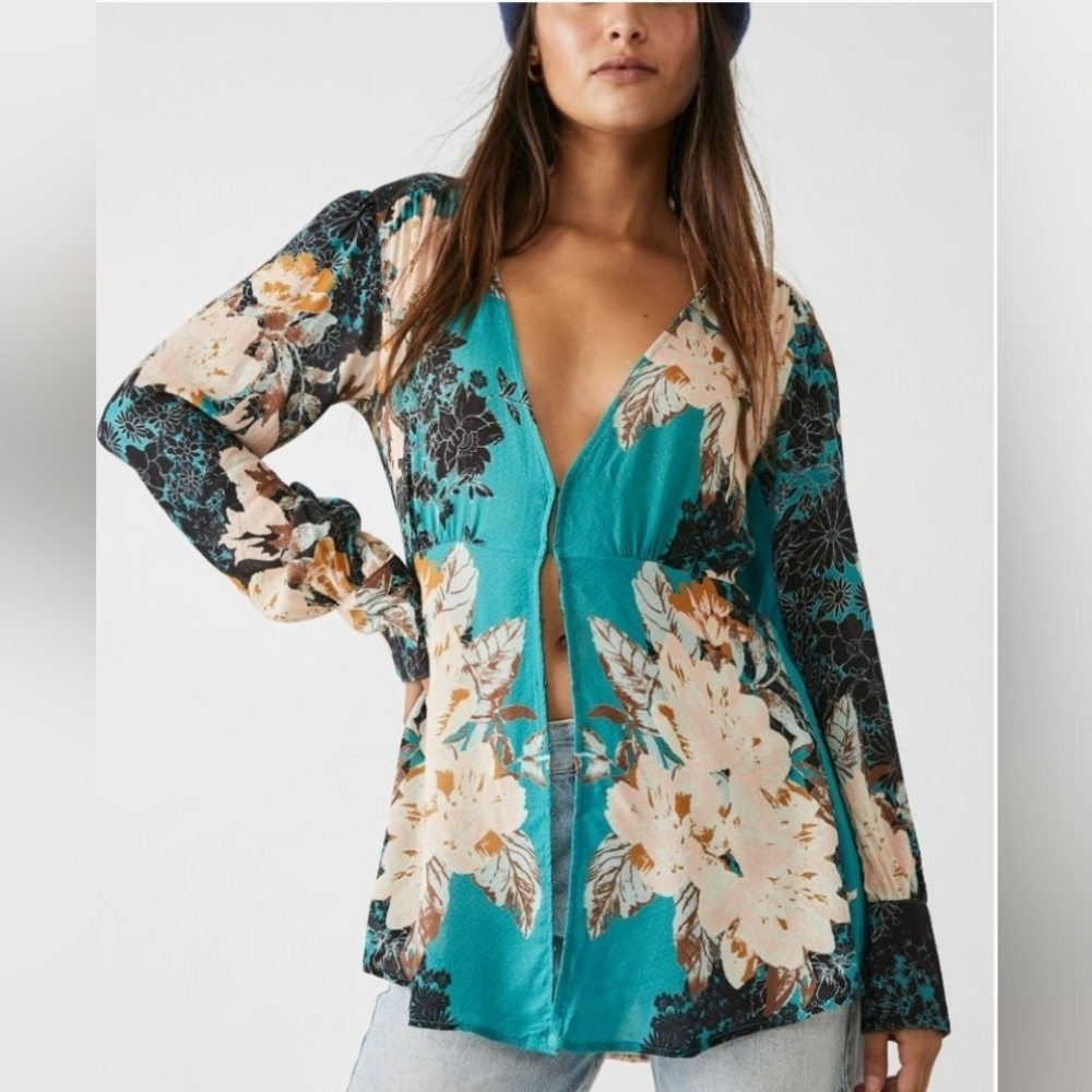 Free People Mikayla Printed Tunic Green Balsam Combo NWT size XL - Picture 2 of 9
